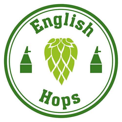 English Hops Full Logo. Round logo with two hop oast houses, and a hop cone in the middle. The text on the logo says English Hops